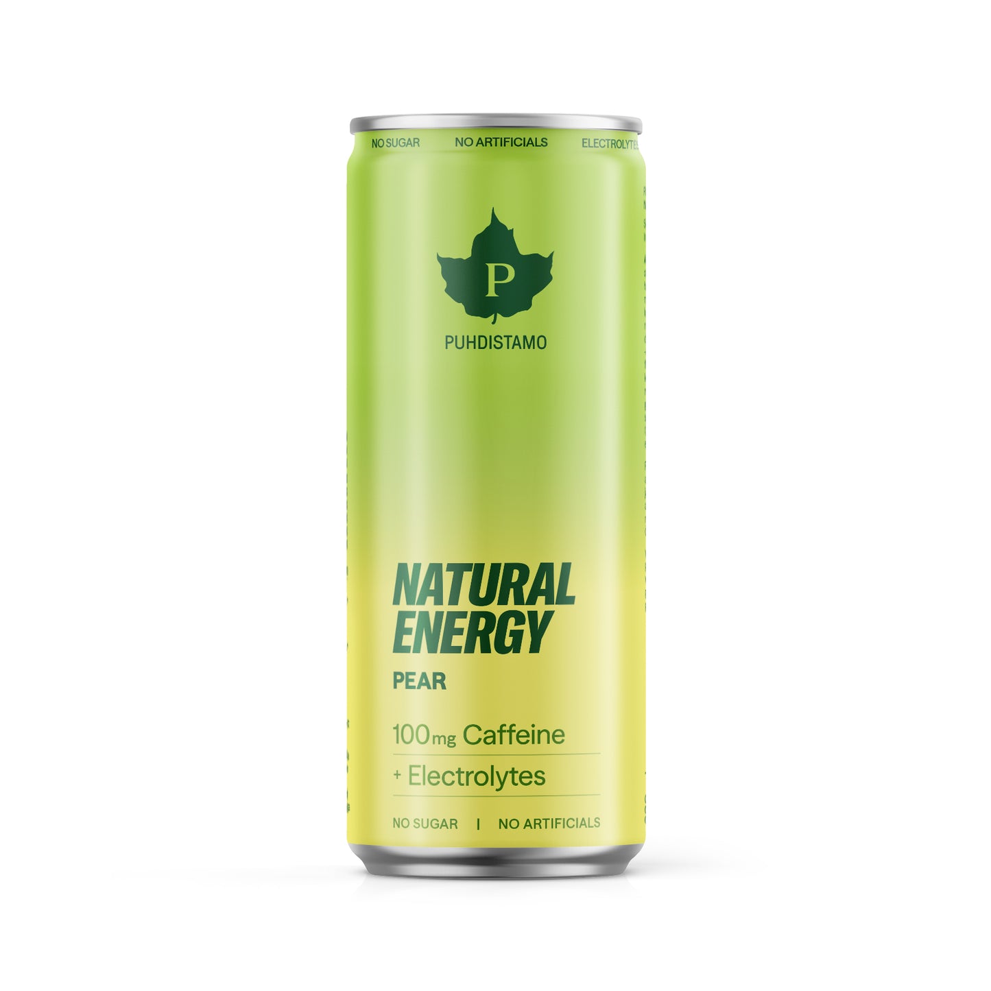 Puhdistamo Natural Energy Pear; korkea sylinterin muotoinen tuubi vihreässä ja keltaisessa värissä matalla pinnalla; etiketissä ”Natural Energy Pear with 100mg Caffeine + Electrolytes”, ”No Sugar” ja ”No Artificials”; lihavoitu groteskiteksti; Puhdistamo-brändinimi ja lehtilogo yläosassa; valkoinen tai neutraali tausta, ei ihmisiä tai käsiä.