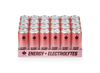 A tray holds 24 pink cans labeled Natural Energy, featuring a bold ENERGY + ELECTROLYTES logo on the front. The cans are cylindrical with a matte finish and are tightly arranged in four rows of six. Black and white sans-serif text stands out prominently against the pink background. Metallic pull tabs are visible on the tops. The tray is made of cardboard, matching the can color, set on a plain white surface with no people or hands present. Image is a product photo shot from slightly above at an angle