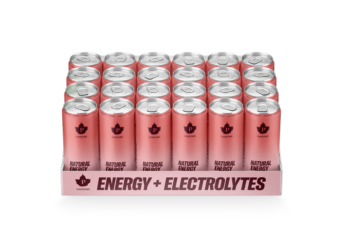 A tray holds 24 pink cans labeled Natural Energy, featuring a bold ENERGY + ELECTROLYTES logo on the front. The cans are cylindrical with a matte finish and are tightly arranged in four rows of six. Black and white sans-serif text stands out prominently against the pink background. Metallic pull tabs are visible on the tops. The tray is made of cardboard, matching the can color, set on a plain white surface with no people or hands present. Image is a product photo shot from slightly above at an angle