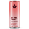 Puhdistamo Natural Energy Wild Strawberry: pinkki Puhdistamo Natural Energy Wild Strawberry -tölkki tekstillä, joka korostaa 100 mg kofeiinia, elektrolyyttejä, ei sokeria ja ei keinotekoisia lisäaineita; tölkki on sylinterimäinen kiiltäväpintainen; etiketissä valkoinen groteskikirjasin; ei ihmisiä tai käsiä näkyvissä, tausta on yksinkertainen, tuote esitetty erillisenä studiokuvassa.