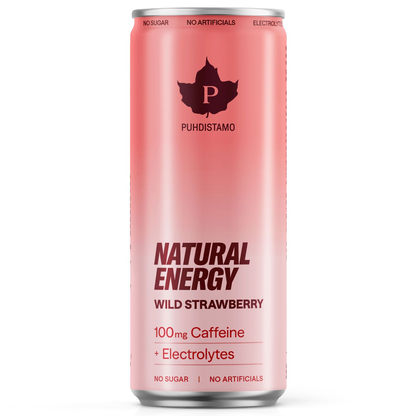 Puhdistamo Natural Energy Wild Strawberry: pinkki Puhdistamo Natural Energy Wild Strawberry -tölkki tekstillä, joka korostaa 100 mg kofeiinia, elektrolyyttejä, ei sokeria ja ei keinotekoisia lisäaineita; tölkki on sylinterimäinen kiiltäväpintainen; etiketissä valkoinen groteskikirjasin; ei ihmisiä tai käsiä näkyvissä, tausta on yksinkertainen, tuote esitetty erillisenä studiokuvassa.