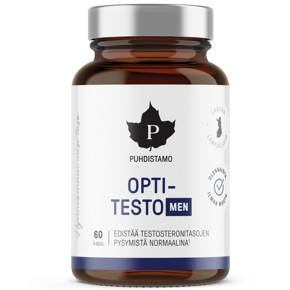 Puhdistamo OptiTesto Men; ruskea pullo tekstillä Puhdistamo Opti-Testo Men, sisältää 60 kapselia, suunniteltu tukemaan normaalia testosteronitasoa; pullo sylinterin muotoinen mustalla kierrekorkilla ja matalla etiketillä; valkoisessa etiketissä lihavoitua groteskitekstiä, musta lehtilogo ja jonkin verran suomenkielistä tekstiä; ei näkyviä ihmisiä tai muita esineitä; tausta valkoinen.