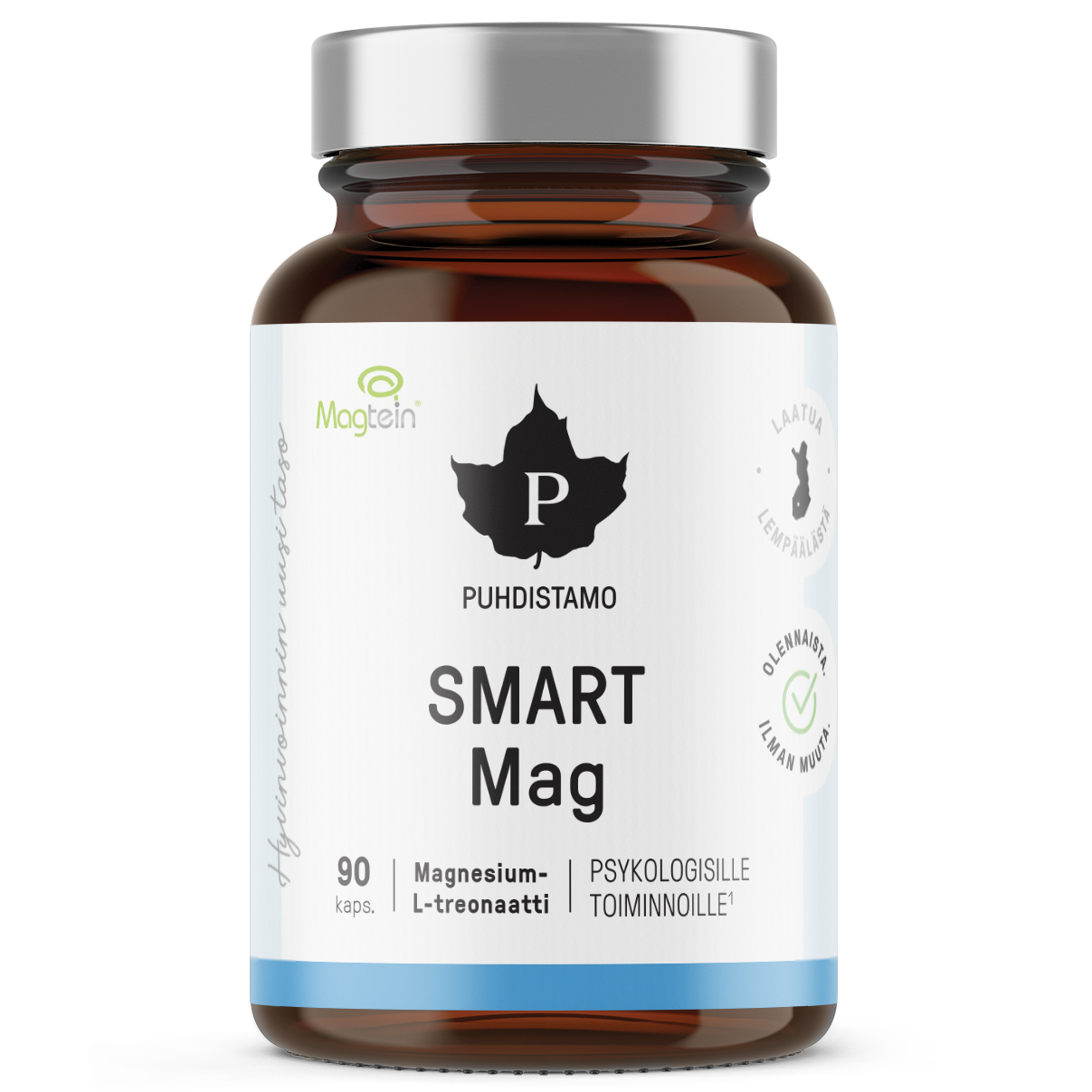 Puhdistamo Smart Mag; ruskea pullo tekstillä Puhdistamo SMART Mag, sisältää 90 kapselia magnesiumbisglysinaattia kognitiivisen tuen tueksi; pullo sylinterin muotoinen mattapinnalla; etiketissä mustaa ja valkoista typografiaa suoralla nykyaikaisella kirjasimella sekä suomenkielistä tekstiä ja useita sertifiointilogoja; valkoinen tausta, ei muita esineitä tai ihmisiä näkyvissä.