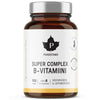 Puhdistamo Super Complex B-vitamiini, 120 kapselia; ruskea, lieriömäinen lasipullo, mattapintainen, metallinhohtoinen hopeanvärinen kierrekorkki; etiketissä sertifiointimerkintöjä, suomenkielistä tekstiä, valkoisia ja kultaisia graafisia elementtejä sekä lohkomaista groteskityyppiä; tuote kuvattu vaalealla taustalla.