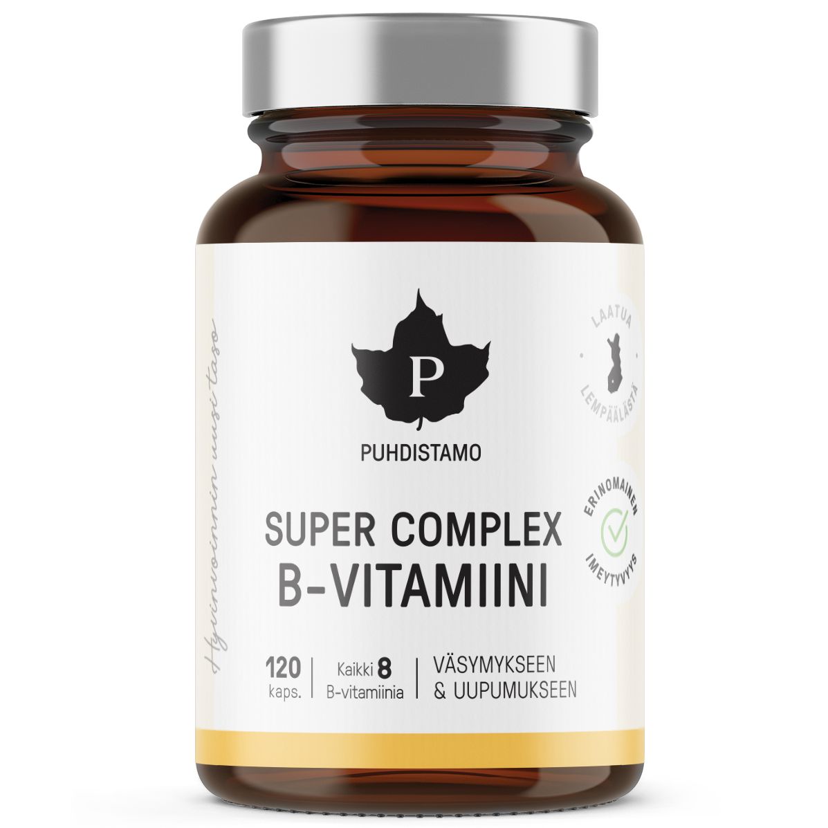 Puhdistamo Super Complex B-vitamiini, 120 kapselia; ruskea, lieriömäinen lasipullo, mattapintainen, metallinhohtoinen hopeanvärinen kierrekorkki; etiketissä sertifiointimerkintöjä, suomenkielistä tekstiä, valkoisia ja kultaisia graafisia elementtejä sekä lohkomaista groteskityyppiä; tuote kuvattu vaalealla taustalla.
