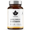 Puhdistamo Super Complex B-vitamiini, 30 kapselia; ruskea pullo, hopeanvärinen korkki ja valkoinen etiketti; lieriömäinen, mattapintainen; etiketissä mustaa groteskitekstiä suomeksi, mainitaan B-vitamiinit ja väsymyksen lievitys; tuote kuvattu vaalealla taustalla lähikuvana.