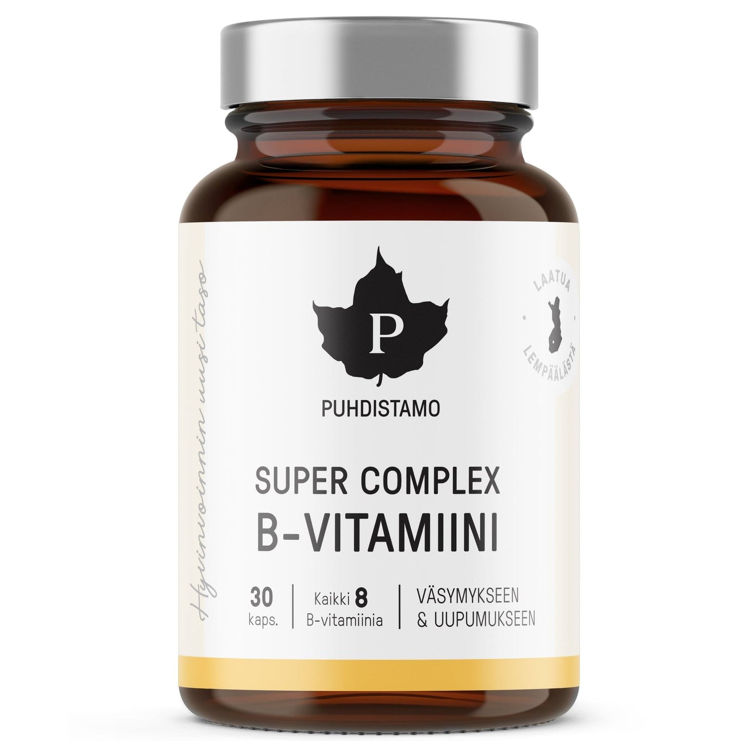 Puhdistamo Super Complex B-vitamiini, 30 kapselia; ruskea pullo, hopeanvärinen korkki ja valkoinen etiketti; lieriömäinen, mattapintainen; etiketissä mustaa groteskitekstiä suomeksi, mainitaan B-vitamiinit ja väsymyksen lievitys; tuote kuvattu vaalealla taustalla lähikuvana.