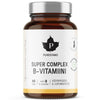 Puhdistamo Super Complex B-Vitamiini, 60 kapselia; ruskea, lieriömäinen pullo, mattapintainen, musta kierrekorkki; valkoinen etiketti kulta- ja mustavärisin yksityiskohdin, lehtilogo, suomenkielistä tekstiä, useita sertifiointimerkkejä sekä maininta monipuolisesta B-vitamiiniyhdistelmästä; tuote kuvattu vaalealla taustalla, ei ihmisiä.
