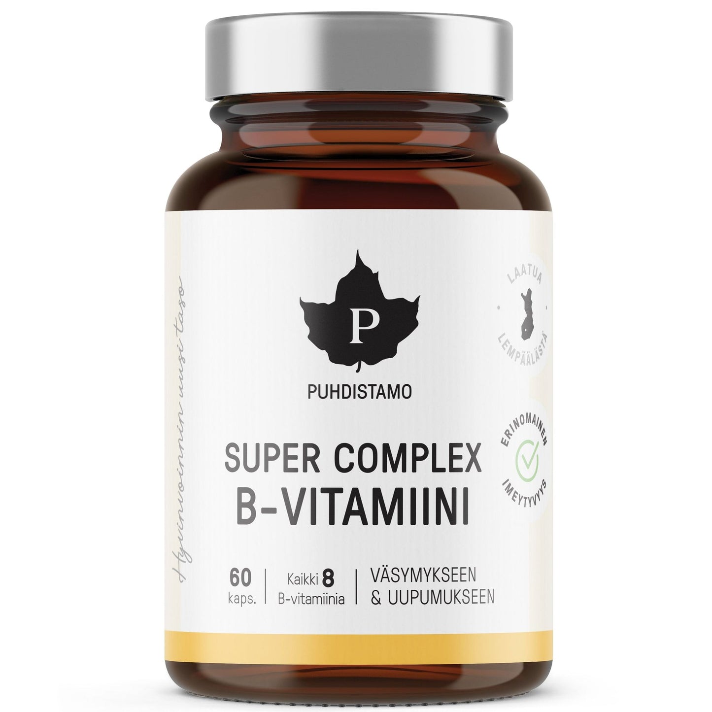 Puhdistamo Super Complex B-Vitamiini, 60 kapselia; ruskea, lieriömäinen pullo, mattapintainen, musta kierrekorkki; valkoinen etiketti kulta- ja mustavärisin yksityiskohdin, lehtilogo, suomenkielistä tekstiä, useita sertifiointimerkkejä sekä maininta monipuolisesta B-vitamiiniyhdistelmästä; tuote kuvattu vaalealla taustalla, ei ihmisiä.
