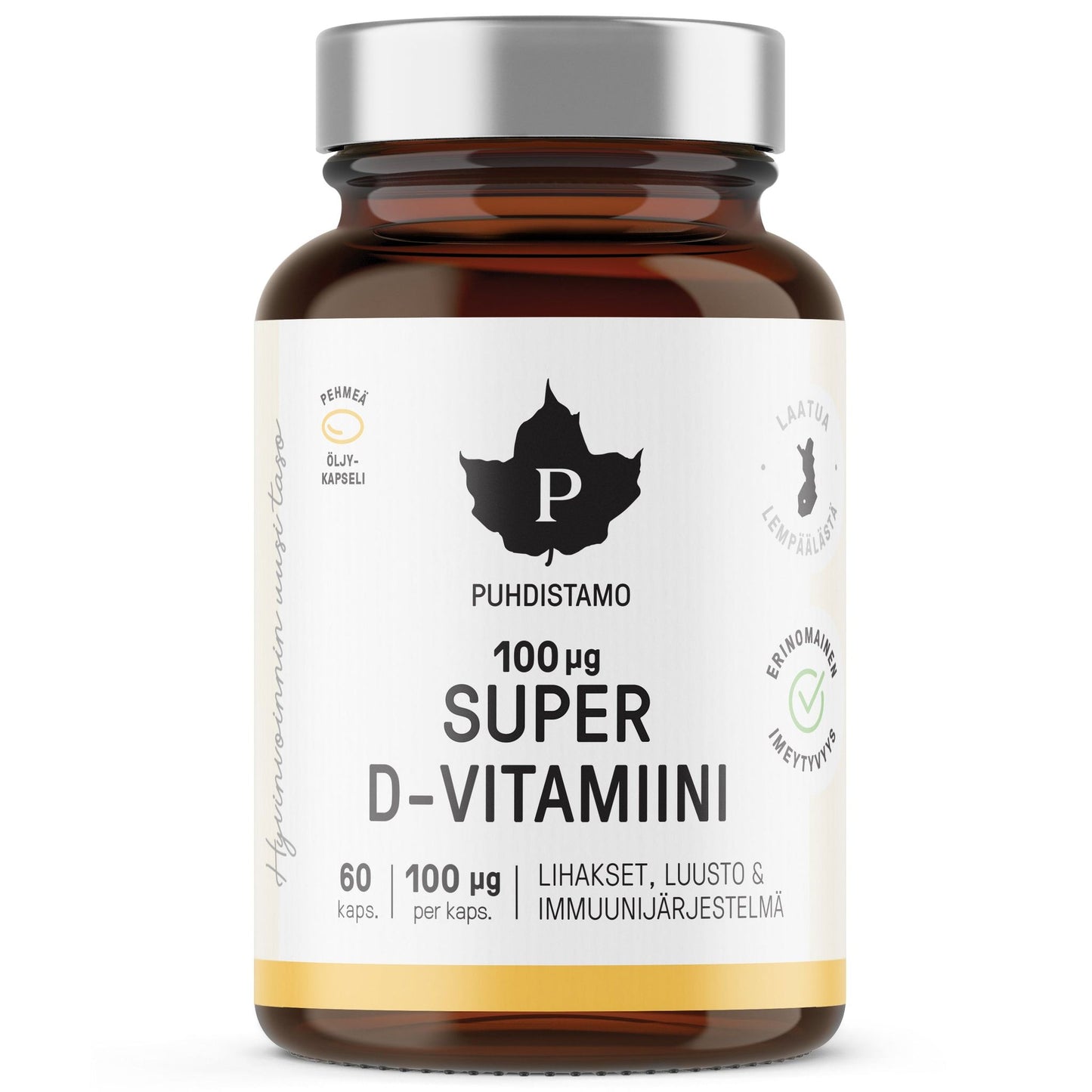 Puhdistamo Super D-vitamiini 100 mikrog -pullo; sisältää 60 kapselia, kukin 100 µg D-vitamiinia; pyöreä pullo kiiltävällä hopeanvärisellä muovikorkilla ja mattavalkoisella etiketillä, pääosin mustaa tekstiä siistillä tekstausvapaalla fontilla; joitakin suomenkielisiä sanoja näkyvissä; tuote yksin vaaleaa tasaista taustaa vasten, suoraviivainen tuotekuva.