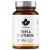 Puhdistamo Tripla C-Vitamiini, 120 kapselia, 400 mg per kapseli; ruskea lasipullo, hopeanvärinen korkki, lieriömäinen muoto, kiiltävä pinta; valkoisessa etiketissä lihavoitua mustaa ja vihreää tekstiä sekä musta vaahterenlehtilogo yläosassa; vaalea, vaaleasävyinen tausta, ei ihmisiä; keskikokoinen lähikuva.