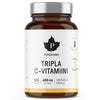 Puhdistamo Tripla C-Vitamiini, 120 kapselia, 400 mg per kapseli; ruskea lasipullo, hopeanvärinen korkki, lieriömäinen muoto, kiiltävä pinta; valkoisessa etiketissä lihavoitua mustaa ja vihreää tekstiä sekä musta vaahterenlehtilogo yläosassa; vaalea, vaaleasävyinen tausta, ei ihmisiä; keskikokoinen lähikuva.
