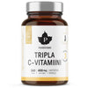 Puhdistamo Tripla C-Vitamiini, 240 kapselia, 400 mg per kapseli; etiketissä valkoisia ja kultaisia korostuksia sekä suomenkielistä tekstiä; lieriömäinen pullo, mattapintainen, musta kierrekorkki; tuotenimi ja numerotiedot lihavoidulla groteskifontilla; vaalea tausta, studiovalaistus, ei ihmisiä.