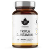 Puhdistamo Tripla C-Vitamiini, 60 kapselia, 400 mg per kapseli; ruskea pullo, hopeanvärinen korkki, valkoinen etiketti mustin ja kultaisin tekstein; pullon pinta kiiltävä, muoto lieriömäinen; tuotenimi lihavoidulla groteskifontilla; vaalea tausta, ei ihmisiä.