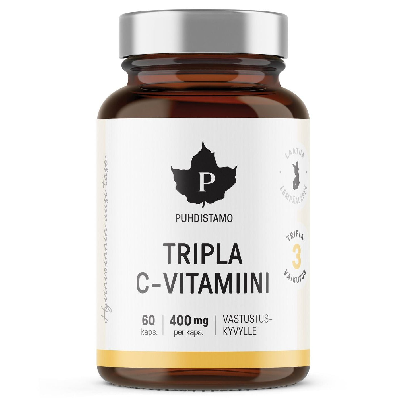 Puhdistamo Tripla C-Vitamiini, 60 kapselia, 400 mg per kapseli; ruskea pullo, hopeanvärinen korkki, valkoinen etiketti mustin ja kultaisin tekstein; pullon pinta kiiltävä, muoto lieriömäinen; tuotenimi lihavoidulla groteskifontilla; vaalea tausta, ei ihmisiä.