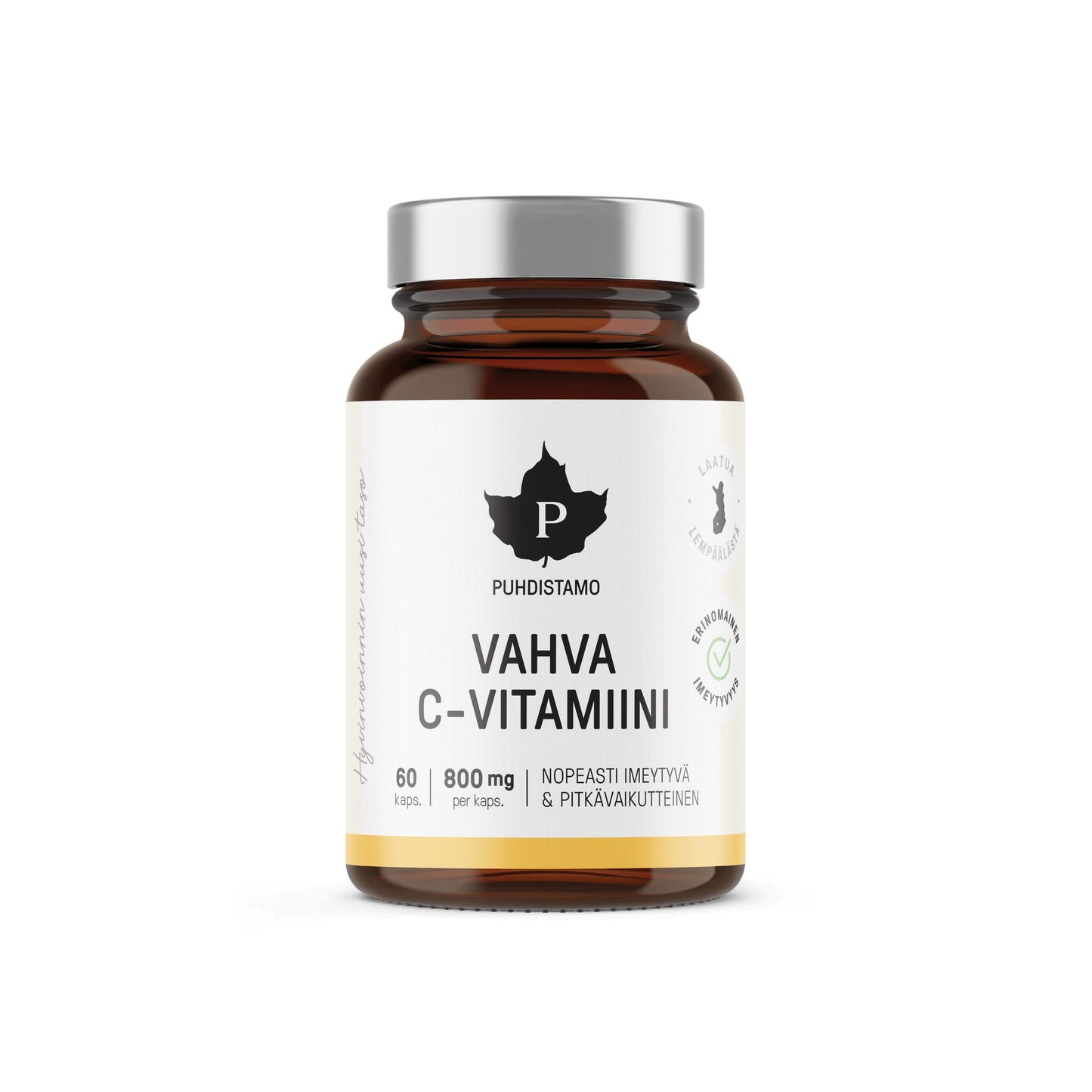 Puhdistamo Vahva C-vitamiini 800 mg; ruskea lasipullo hopeisella kannella tekstillä "Puhdistamo Vahva C-Vitamiini", sisältää 60 kapselia 800 mg C-vitamiinia; pullo sylinterinmuotoinen kiiltäväpintainen; etuetiketissä lihavoitu groteskikirjasin, suomenkielinen teksti, muutamia pieniä sertifiointikuvakkeita ja suuret annostustiedot; neutraali tausta, ei näkyviä käsiä tai muita esineitä kuvassa.