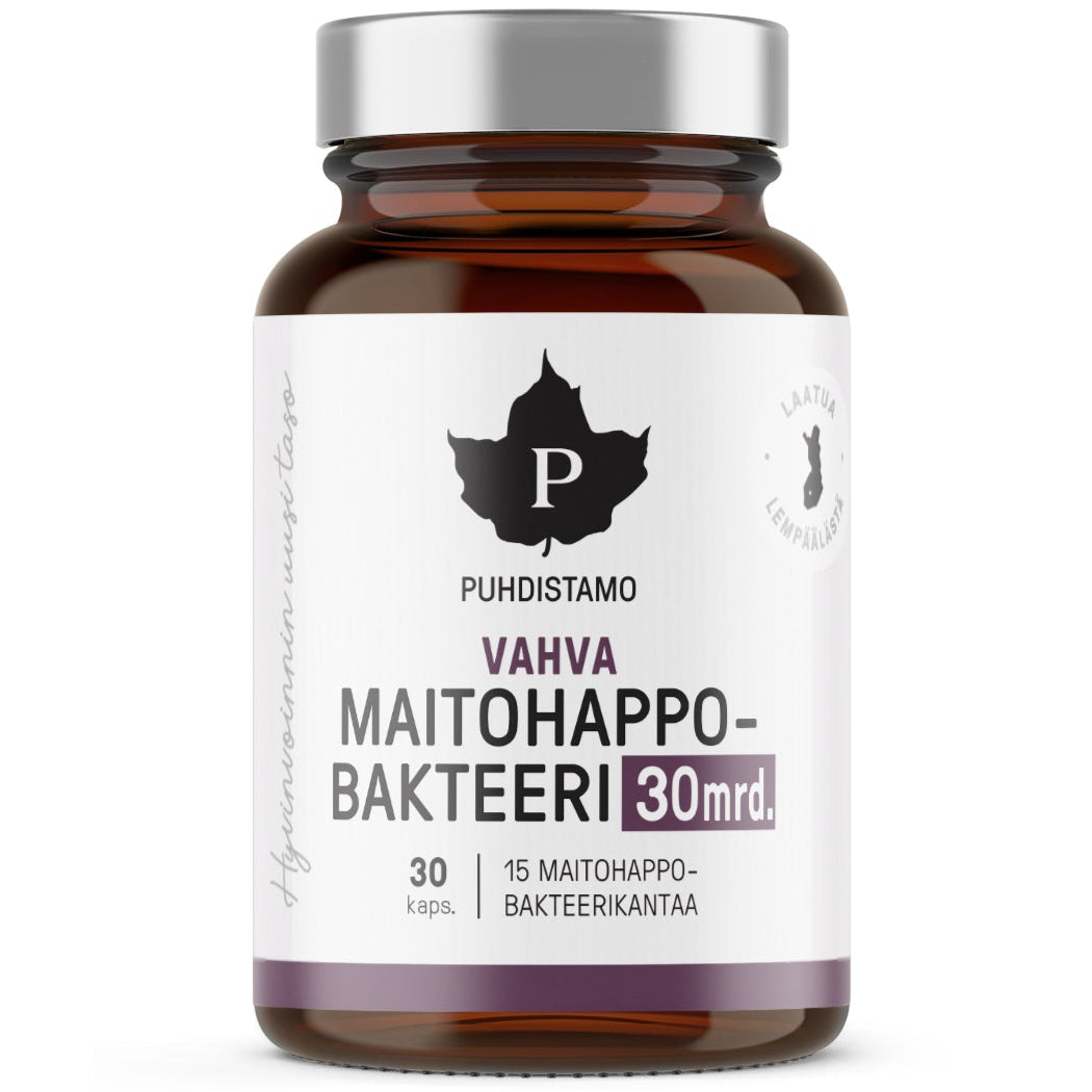 A brown glass bottle with a black matte cap is shown. The white and purple label displays bold sans serif text, “Puhdistamo Vahva Maitohappobakteeri 30 mrd,” and has a maple leaf logo. Surface of the bottle is glossy. No people or hands are present. Plain white background, product centered in frame. A brown glass bottle labeled Puhdistamo Vahva Maitohappobakteeri 30 mrd contains 30 capsules with 15 strains of lactic acid bacteria. Featuring a white and purple label, black cap, maple leaf logo, this