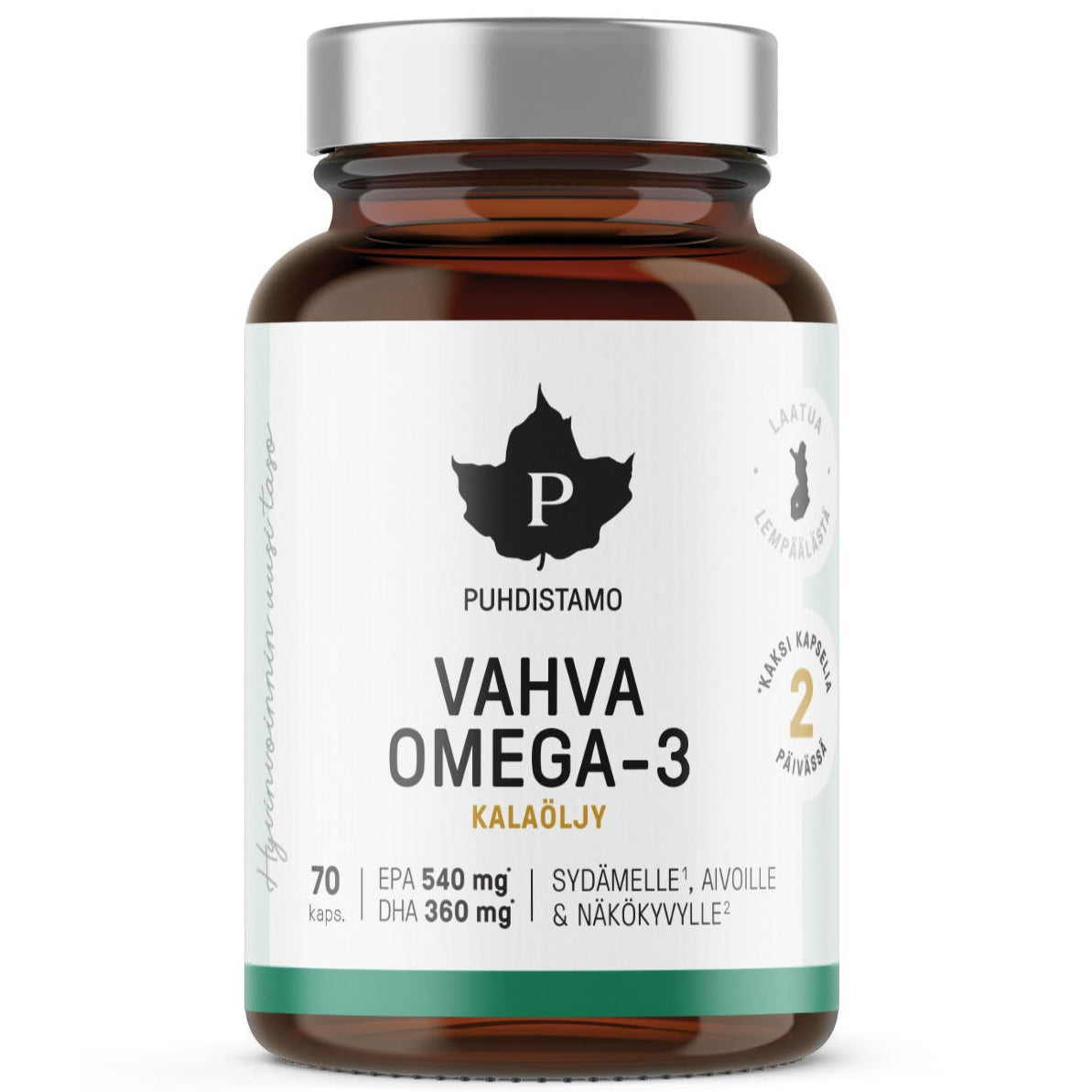 Puhdistamo Vahva Omega-3; ruskea, lieriömäinen pullo mattapinnalla ja valkoisella muovikorkilla; etiketissä lukee ”Puhdistamo Vahva Omega-3 Kalaöljy” ja ilmoitetaan 70 kapselia; EPA 540 mg, DHA 360 mg mainittu kuvakkeineen päivittäisestä annostuksesta; etikettiteksti suomeksi korostaa omega-3-pitoisuutta; tausta tasainen, ei ihmisiä tai käsiä näkyvissä.