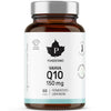 A brown glass bottle labeled Puhdistamo Vahva Q10 150 mg, 60 kaps. with white and light blue design, black text, and silver cap. The cylindrical bottle has a smooth, glossy surface and a screw-top metallic silver cap. The matte label features sans-serif typography, visible Finnish text, certification icons, and prominent Q10 content details. No people or additional props are in the image. The background is plain white with even lighting in a centered product shot.