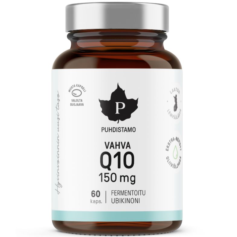 A brown glass bottle labeled Puhdistamo Vahva Q10 150 mg, 60 kaps. with white and light blue design, black text, and silver cap. The cylindrical bottle has a smooth, glossy surface and a screw-top metallic silver cap. The matte label features sans-serif typography, visible Finnish text, certification icons, and prominent Q10 content details. No people or additional props are in the image. The background is plain white with even lighting in a centered product shot.