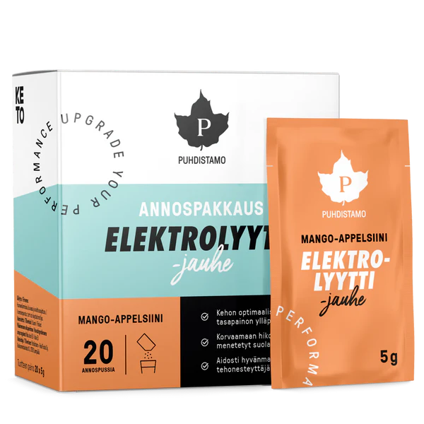Puhdistamo Elektrolyyttijauhe Mango & Appelsiini; pakkaus ja tikkupussi mattapintaisina, teksti "ELEKTROLYYTTI jauhe"; suorakulmainen pahvipakkaus ja litteä pussi, pääosin valkoinen mango- ja appelsiiniaiheisin väritehostein; suomenkielinen tuoteteksti yksinkertaisella groteskikirjasimella; tasainen tausta, ei ihmisiä tai käsiä, studiotyylinen tuotekuva.
