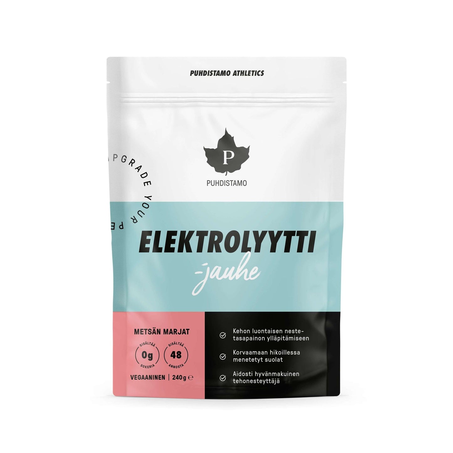 Puhdistamo Elektolyytti-jauhe -pussi, valkoinen, turkoosi ja musta, seisova pussi lehtilogolla, näyttää selkeästi tuotetiedot etupuolella; mattapintainen, joustava suorakulmainen muoto sinetöidyllä yläosalla; suurta tekstausvapaata typografiaa, osa lihavoituna; päätekstissä Metsän marjat, vegaaninen ja 240 g; tausta yksinkertainen; ei ihmisiä tai käsiä näkyvissä kuvassa.