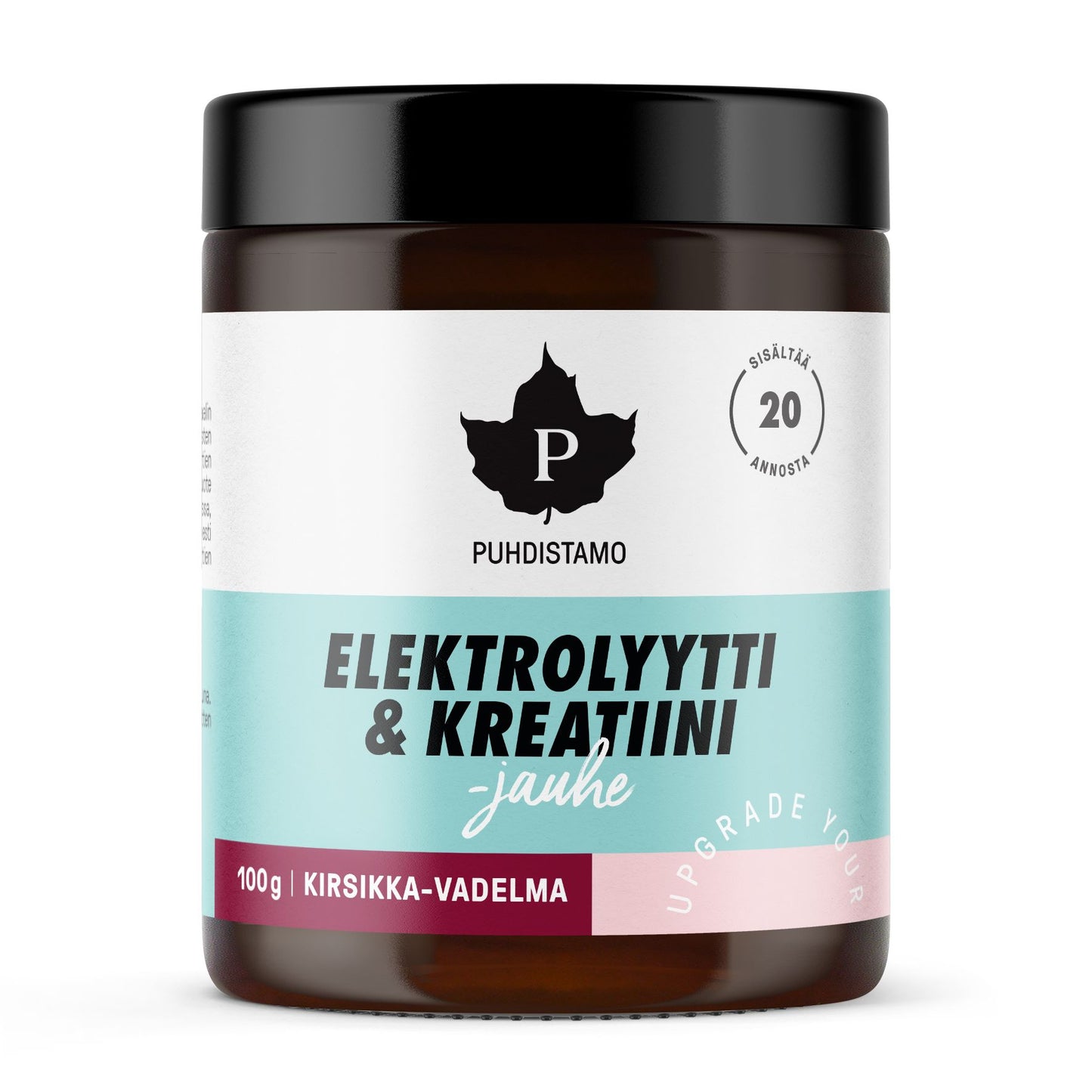 Puhdistamo Elektrolyytti & Kreatiini -jauhe Kirsikka-Vadelma: purkki elektrolyytti- ja kreatiinijauhetta, kirsikka-vadelma-maku, 100 g, musta kierrekansi ja sylinterimäinen muovipurkki; etiketti on valkoinen sinisin ja pinkein korostuksin, lehtilogo ja suomenkielistä tekstiä selkeällä groteskikirjasimella; pinta on mattaa; kuvattu studiovalaistuksessa valkoista taustaa vasten, ei ihmisiä tai rekvisiittaa; lisäravinne yhdistää elektrolyytit ja kreatiinin nesteytykseen ja suorituskykyyn.