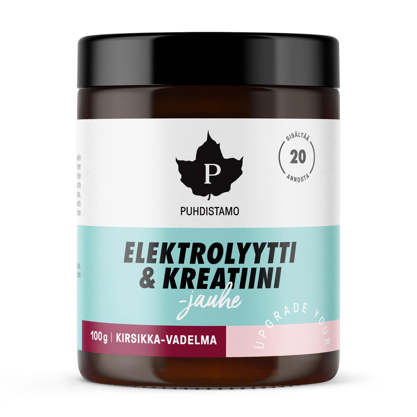 Puhdistamo Elektrolyytti & Kreatiini -jauhe Kirsikka-Vadelma: purkki elektrolyytti- ja kreatiinijauhetta, kirsikka-vadelma-maku, 100 g, musta kierrekansi ja sylinterimäinen muovipurkki; etiketti on valkoinen sinisin ja pinkein korostuksin, lehtilogo ja suomenkielistä tekstiä selkeällä groteskikirjasimella; pinta on mattaa; kuvattu studiovalaistuksessa valkoista taustaa vasten, ei ihmisiä tai rekvisiittaa; lisäravinne yhdistää elektrolyytit ja kreatiinin nesteytykseen ja suorituskykyyn.