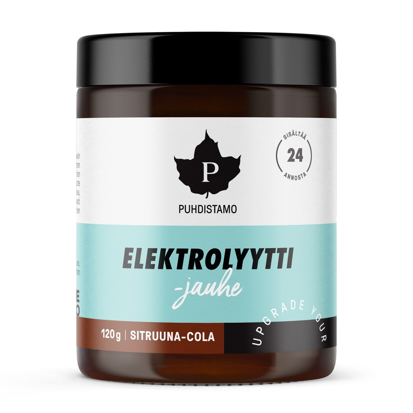 Puhdistamo Elektrolyyttijauhe Sitruuna-Cola; purkki Puhdistamo ELEKTROLYYTTI-jauhetta, suomalainen elektrolyyttijauhe välttämättömin mineraalein, sitruuna-cola-maussa; läpikuultamaton muovipurkki mattamustalla kierrekannella ja lieriömäisellä muodolla; etiketti valkoinen turkoosein tehostein ja hieman lihavoitua tikkukirjasinta mustana ja kultaisena; etusivulla merkintä 120 g; studiotausta tasainen, ei ihmisiä tai käsiä näkyvissä.