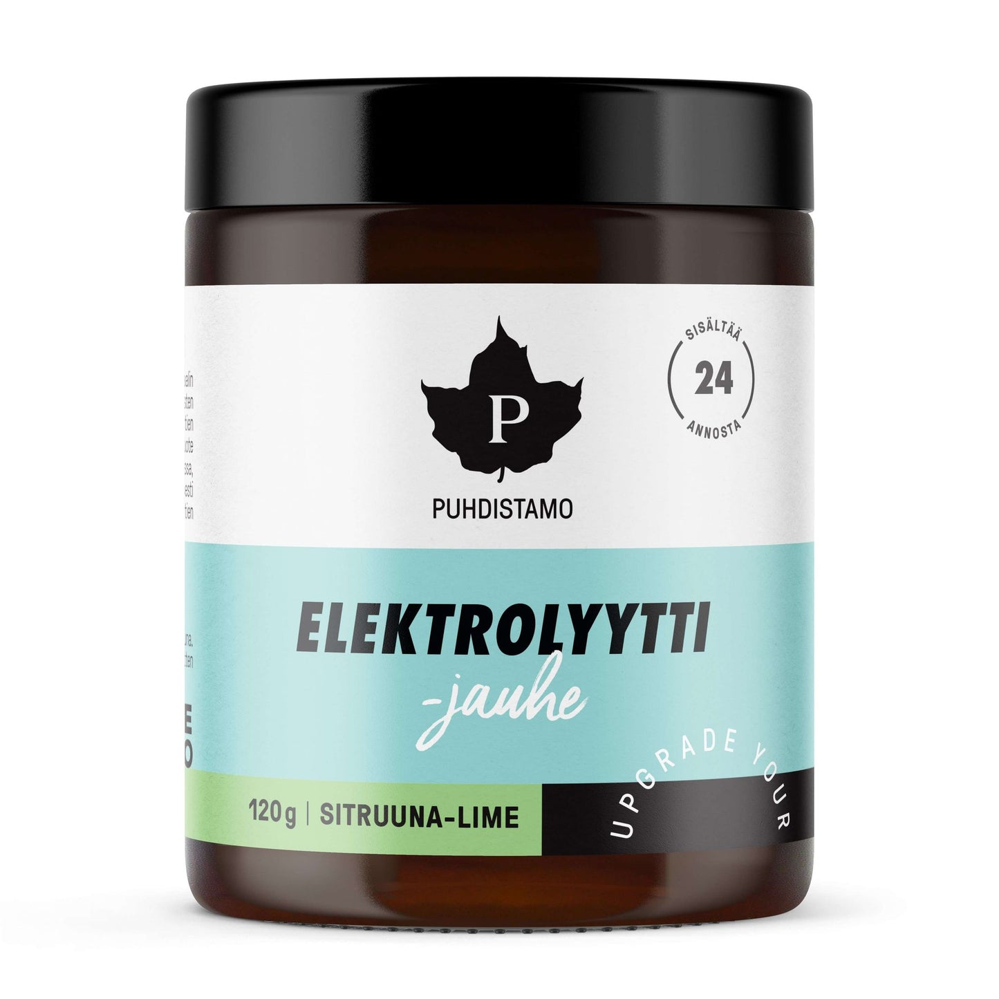 Puhdistamo Elektrolyyttijauhe, sitruuna-lime, 120 g; lieriömäinen muovipurkki, kierrekansi, matta pinta; etiketti vaaleansininen ja valkoinen, lihavoitua mustaa ja keltaista groteskitekstiä; etusivulla lehtimäinen logo; kuvattu yksin vaalealla taustalla tasaisessa valaistuksessa, ei käsiä tai ihmisiä.