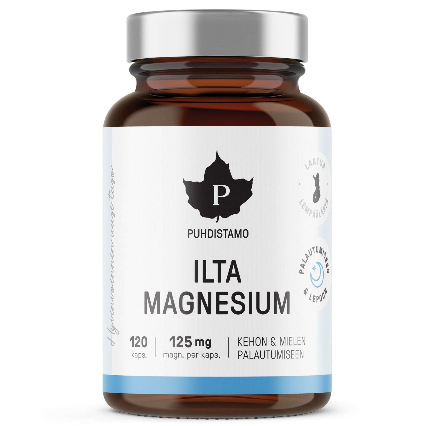 Puhdistamo Ilta Magnesium, 120 kapselia, 125 mg per kapseli; ruskea pullo, valkoinen etiketti sinisin korostuksin, tyylitelty lehtilogo sekä suomenkielistä tekstiä magnesiumin hyödyistä; tuotenimi ja tiedot lihavoidulla groteskifontilla; pullo kiiltäväpintainen; kuvattu vaalealla taustalla, ei ihmisiä tai käsiä.