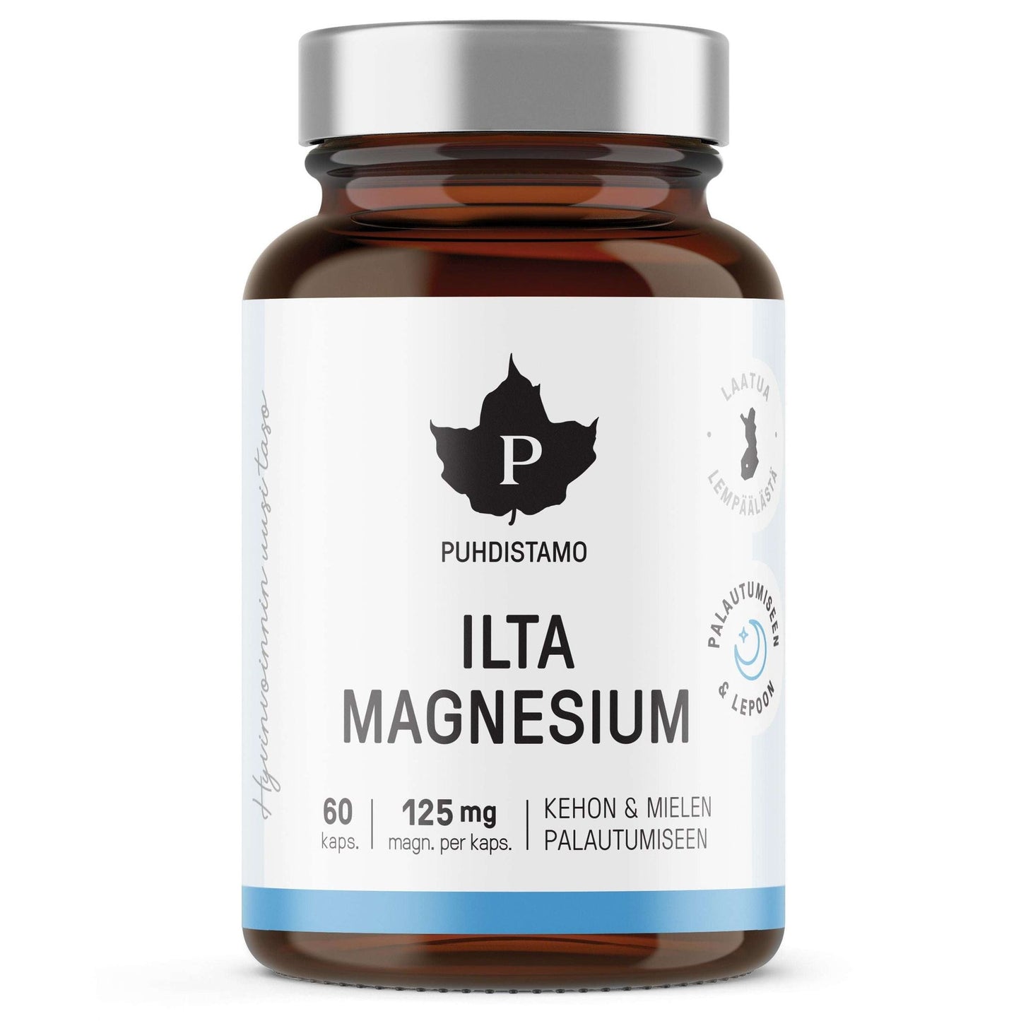 Puhdistamo Ilta Magnesium, 60 kapselia, 125 mg magnesiumia per kapseli, kehon ja mielen palautumiseen; ruskea, lieriömäinen muovipullo mattapinnalla ja valkoisella kierrekorkilla; sininen-valkoinen etiketti lehtilogolla ja suomenkielisellä tekstillä magnesiumin hyödyistä; groteskityyppiä; valkoinen tausta, ei ihmisiä.