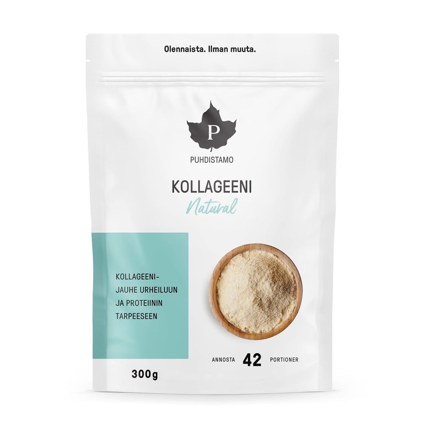 Puhdistamo Kollageeni Natural, 300 g, 42 annosta; valkoinen-turkoosi pussi, jossa kuva kollageenijauhetta sisältävästä kulhosta; pystyssä seisova, mattapintainen, suljettu yläreunasta, suorakulmainen; suomenkielistä tekstiä liikunnasta palautumisesta ja proteiinintarpeesta; ei ihmisiä tai käsiä; vaalea tausta, lähikuva.