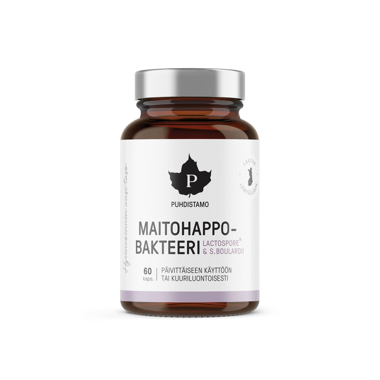 Puhdistamo Maitohappobakteeri Lactospore S. boulardii -probiootti, 60 kapselia, päivittäiseen tai ajoittaiseen käyttöön; tumma, lieriömäinen pullo mattapinnalla ja hopeanvärisellä metallisella kierrekorkilla; pääetiketti groteskifontilla mustana ja harmaana, minimalistisin graafisin elementein; tuote kuvattu pystyssä vaalealla taustalla, ei ihmisiä tai käsiä.