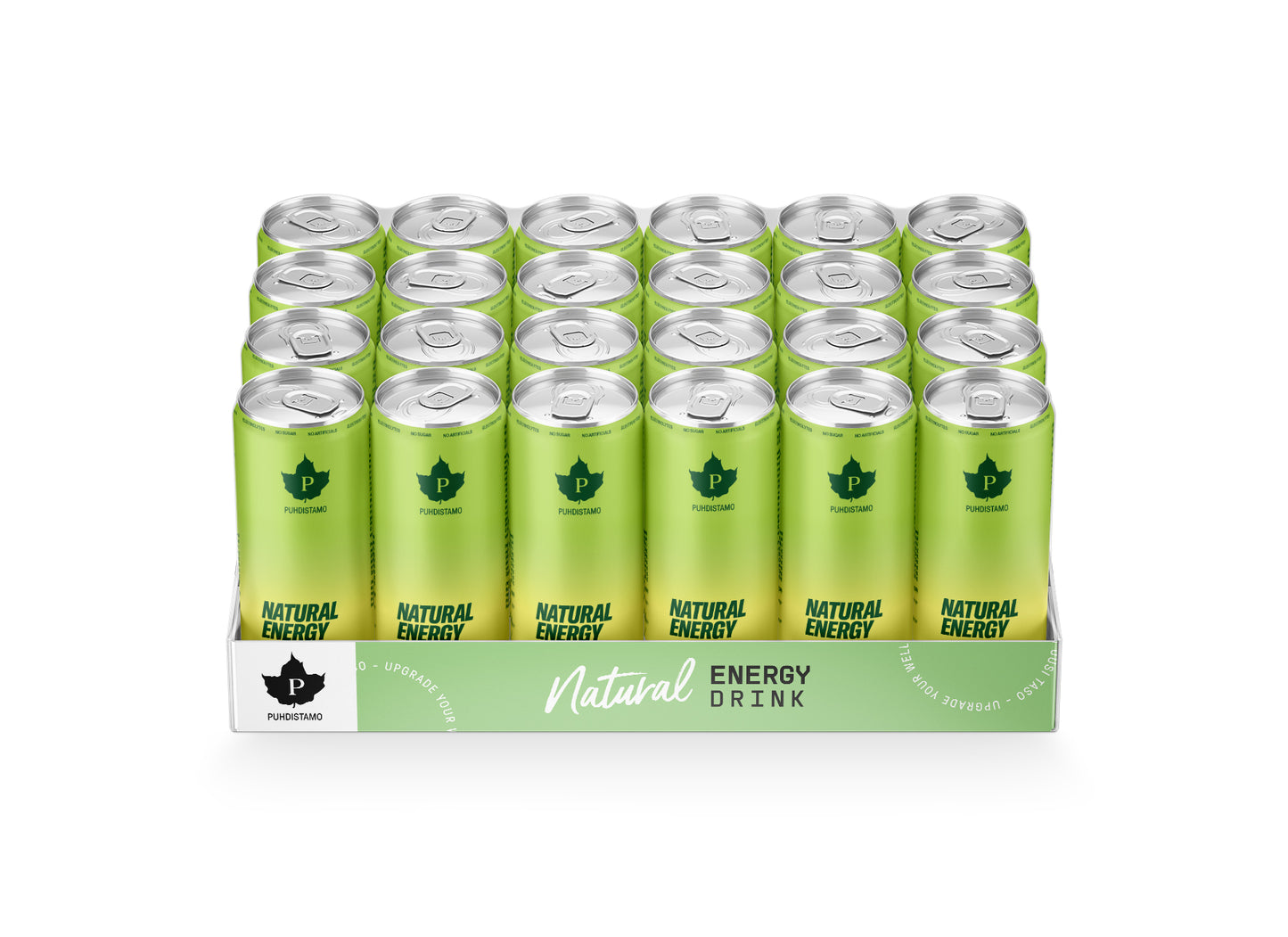 Puhdistamo Natural Energy Pear; tarjotin, jolla 24 vihreää energiajuomatolkkua tekstillä ”Natural Energy Drink”, jokaisessa lehtilogo ja PandaPin-brändinimi; matat sylinterin muotoiset tolkut ryhmiteltynä pahvitarjottimeen, jossa sama logo ja tuotenimi lihavoidulla, modernilla kirjasimella; valkoinen tausta, ei näkyviä ihmisiä tai esineitä.