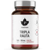 A brown glass bottle labeled Puhdistamo Tripla Rauta, containing 120 capsules of iron supplement, 50 mg per capsule. The cylindrical bottle has a matte white label with both bold and regular sans-serif fonts. Black and red line graphics are on the label along with Finnish text. The shot is against a plain white background. No people or hands are visible.