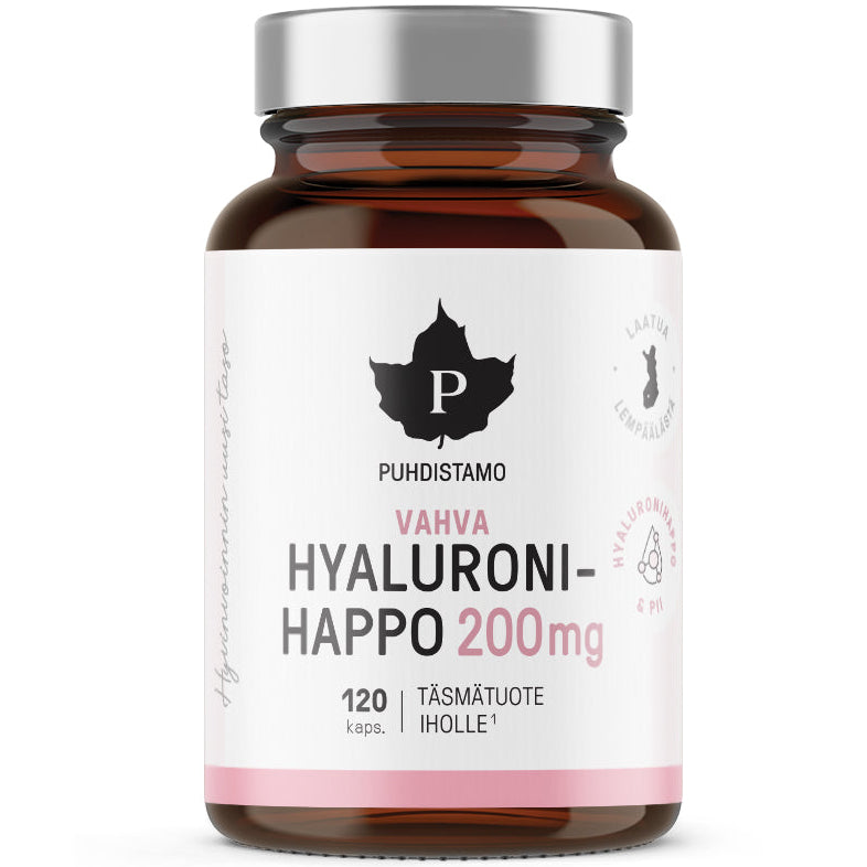 Puhdistamo Vahva Hyaluronihappo; ruskea lasipullo tekstillä Puhdistamo Vahva Hyaluronihappo 200mg, sisältää 120 kapselia; pullo lieriömäinen, mattavalkoinen etiketti musta-pinkillä groteskitekstillä sekä tyylitelty lehtilogo yläosassa; tuote valkoisella taustalla, ei ihmisiä tai muita esineitä kuvassa.
