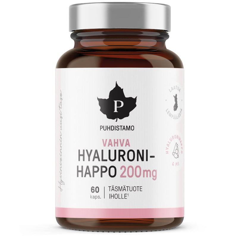 Puhdistamo Vahva Hyaluronihappo; ruskea mattapintainen muovipullo valkoisella etiketillä musta-, pinkki- ja valkoisaksentein; etuosassa teksti Puhdistamo Vahva Hyaluronihappo 200mg, maininta 60 kapselista ja hyaluronihaposta sekä musta lehtikuvake; pullo lieriömäinen, korkki tummansävyinen; tausta neutraali, ei ihmisiä tai käsiä kuvassa.