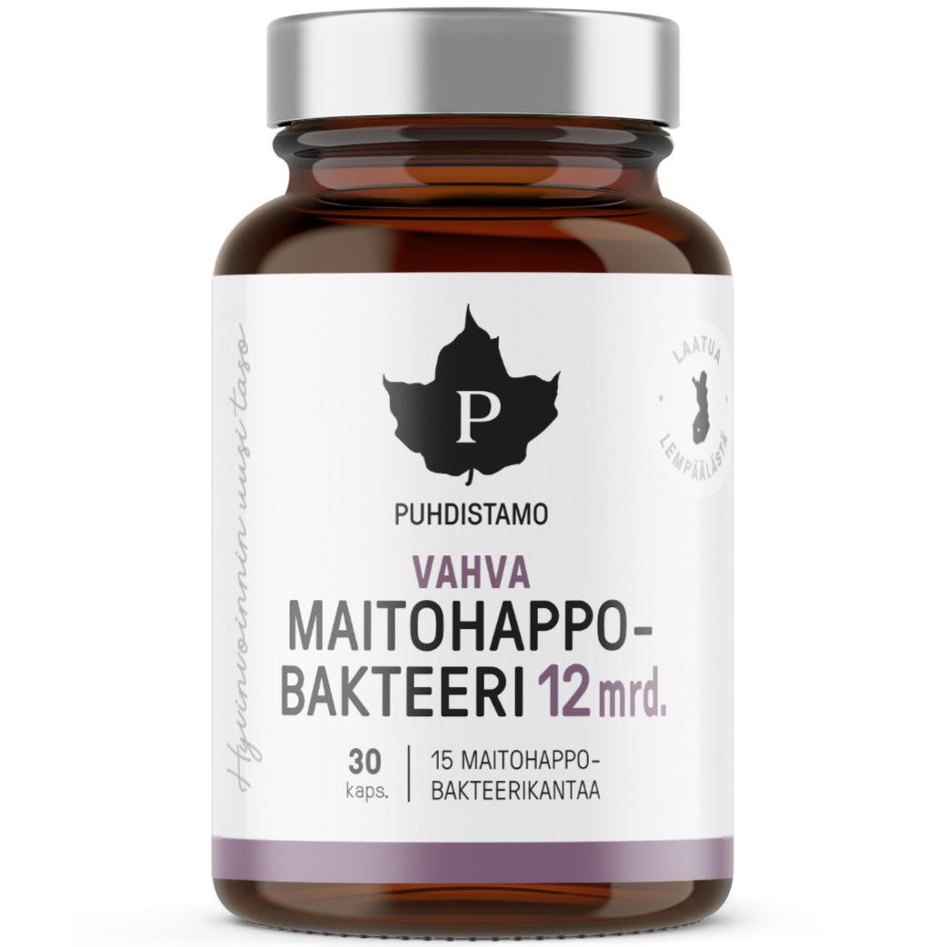 Puhdistamo Vahva Maitohappobakteeri 12 MRD; ruskea lasipullo merkitty Puhdistamo Vahva Maitohappobakteeri 12 mrd., sisältää 30 probioottikapselia; pullo on sylinterinmuotoinen mattavalkoisella etiketillä, jossa musta lehtilogo yläosassa ja violetteja tekstielementtejä; teksti on lihavoitua groteskia; tausta valkoinen, kuvattu edestäpäin ilman ihmisiä tai muita esineitä.