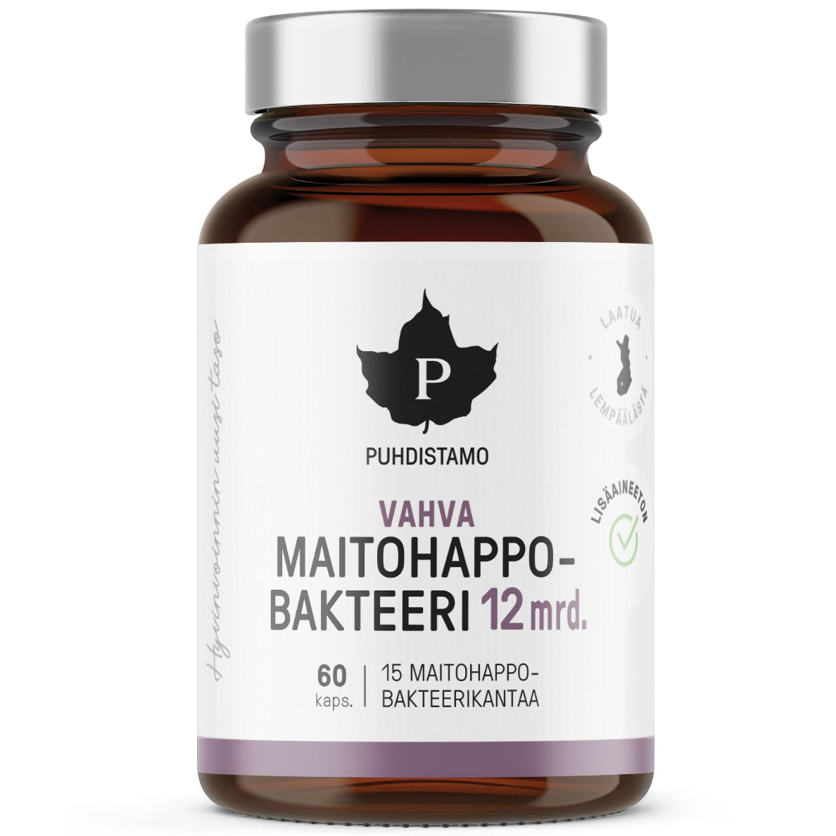 Puhdistamo Vahva Maitohappobakteeri 12 MRD; ruskea lasipullo merkitty Puhdistamo Vahva Maitohappobakteeri 12 mrd., sisältää 60 kapselia probioottiravintolisää; valkoisessa etiketissä mustaa ja violettia tekstiä selkeällä groteskikirjasimella; pullo on sylinterinmuotoinen mattapinnalla; tuote kuvattu vaalealla taustalla studiokuvassa.