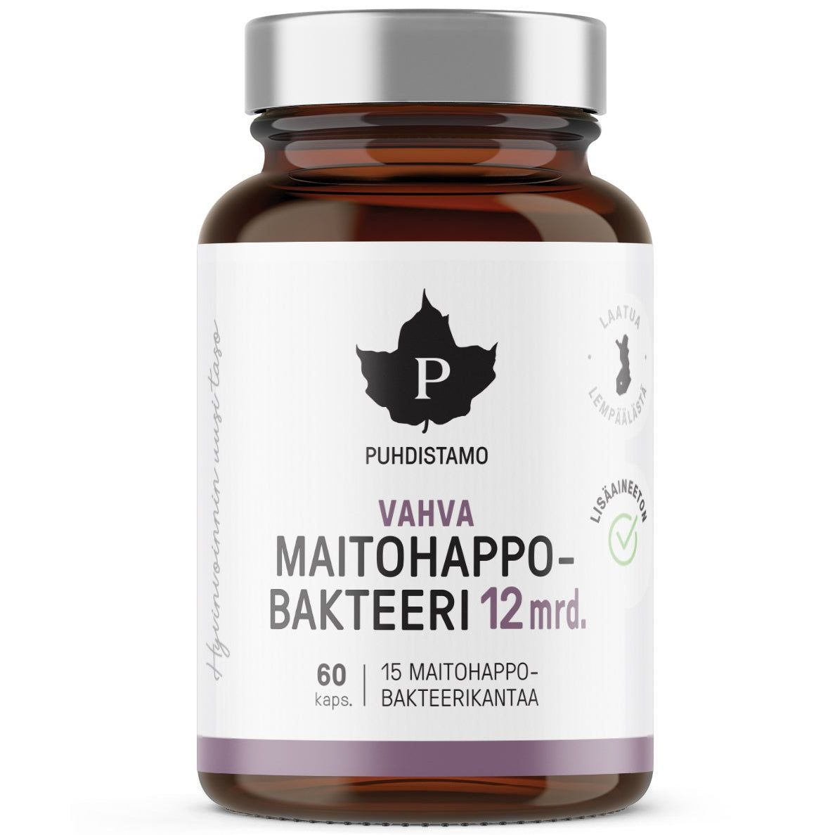 Puhdistamo Vahva Maitohappobakteeri 12 MRD; ruskea lasipullo merkitty Puhdistamo Vahva Maitohappobakteeri 12 mrd., sisältää 60 kapselia probioottiravintolisää; valkoisessa etiketissä mustaa ja violettia tekstiä selkeällä groteskikirjasimella; pullo on sylinterinmuotoinen mattapinnalla; tuote kuvattu vaalealla taustalla studiokuvassa.