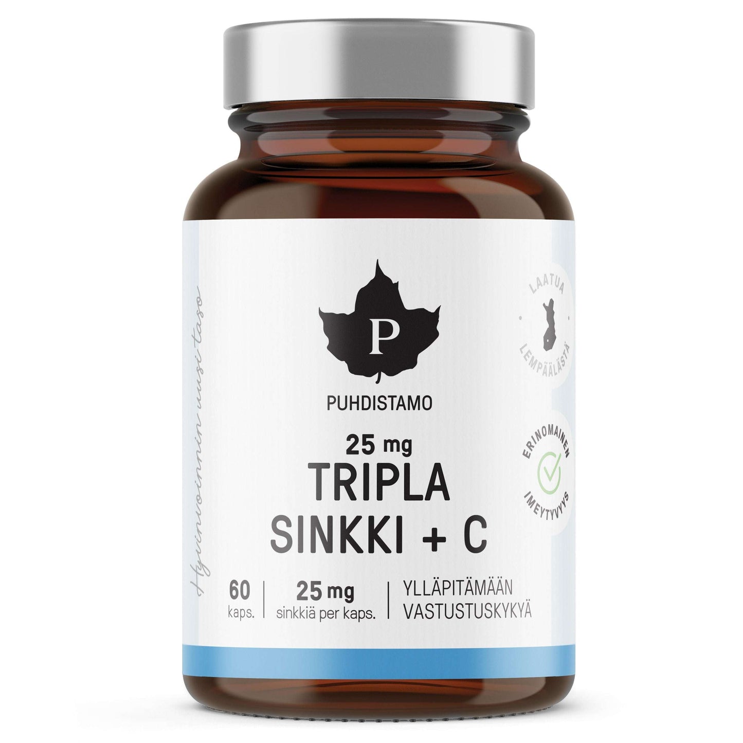 Puhdistamo Tripla Sinkki 25 mg -ravintolisäpullo; ruskea lasipullo sylinterimäisenä ja kiiltäväpintaisena; etiketti valkoinen ja sininen mustalla tekstausvapaalla tekstillä; "Tripla Sinkki + C" ja "60 kapselia" selkeästi näkyvissä etupuolella; tausta valkoinen, tuote keskellä, ei ihmisiä tai toimintaa näkyvissä.