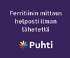 Kiki Health Ionisoitu Rauta; violetti tausta valkoisella suomenkielisellä tekstillä: ”Ferritiinin mittaus helposti ilman lähetettä”; alapuolella värikäs Puhti-logo sekä avainsana ferritiini yhdessä sanan Puhti kanssa; suunnittelu tasomainen ilman näkyvää fyysistä tuotetta tai pakkausta; typografia tikkukirjasinta ja lihavoitua, keskitettynä yksiväriselle pinnalle; ei ihmisiä tai käsiä näkyvissä kuvassa.