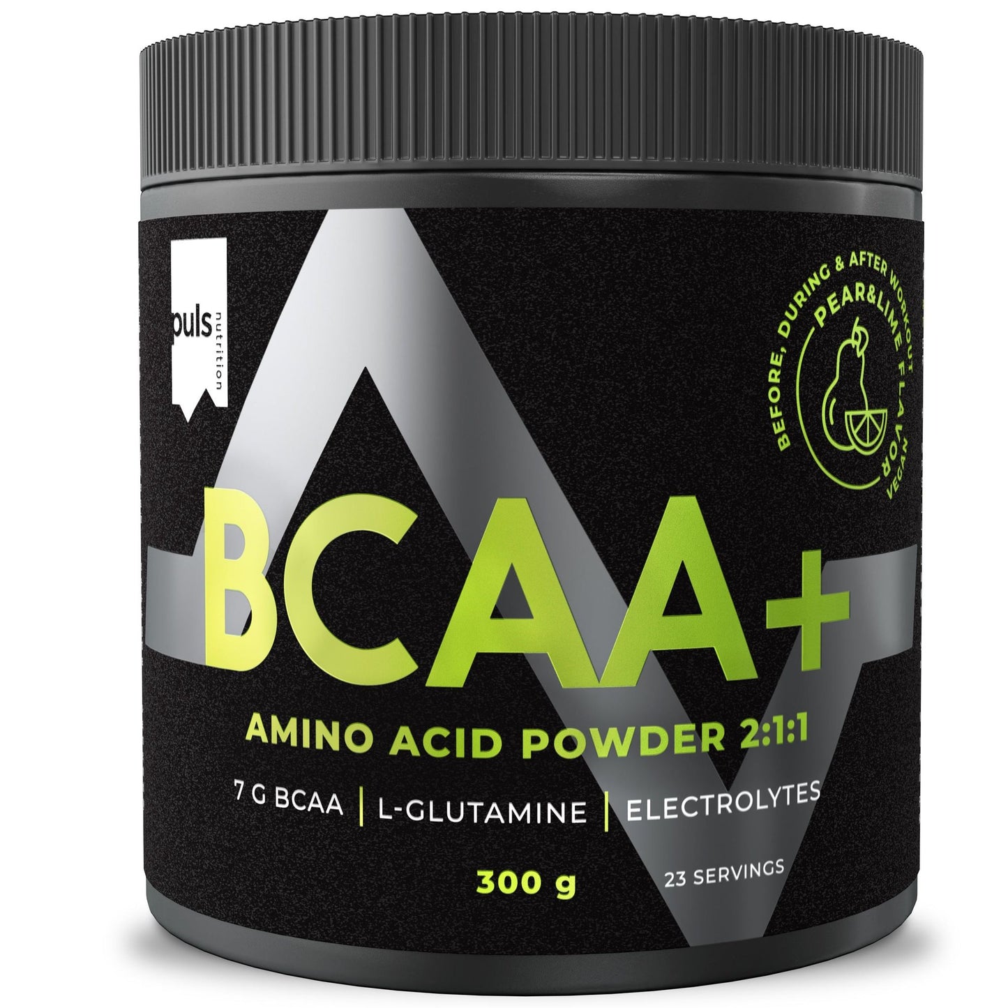 Puls BCAA+ Päärynä-Lime; musta sylinterinmuotoinen muovipurkki Puls Nutrition BCAA+ aminohappojauhetta mattapintaisena; etiketissä vihreä ja valkoinen lihavoitu groteskiteksti listaa ainesosat, annoskoon ja ohjeet ajoitukseen liikunnan yhteydessä; neutraali tasaisesti valaistu tausta, tuote keskellä kuva-alaa, ei ihmisiä tai toimintaa kuvassa.