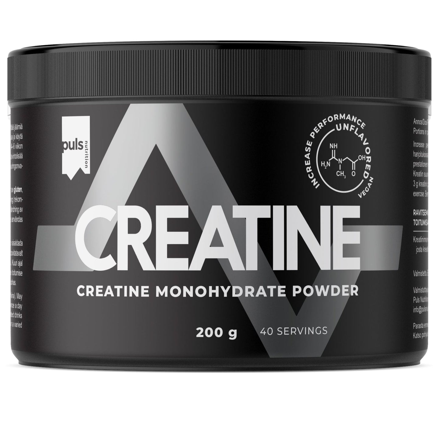 Puls Creatine; musta sylinterinmuotoinen muovipurkki kreatiinimonohydraattijauhetta, 200 g, 40 annosta; pinta mattamusta; iso valkoinen groteskiteksti "CREATINE" lihavoituna rohkean geometrisen kuvion päällä; pienempi luettava teksti kertoo tuotetiedot ja keskeiset ravintoarvot; ei ihmisiä tai taustaelementtejä, eristetty studiokuva.