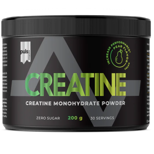 Puls Creatine, maku Pear; musta mattapintainen muovipurkki, 200 g kreatiinimonohydraattijauhetta; lieriömäinen purkki, valkoista lihavoitua groteskitekstiä useimmissa etiketin kohdissa, mukana Zero Sugar ja 30 annosta; vihreä graafinen elementti mainitsee suorituskyvyn lisäämisen; kuvattu valkoisella taustalla ilman ihmisiä tai käsiä.