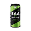 A black and green can labeled EAA Lime Amino Drink with 3600 mg EAA, 105 mg caffeine, vitamins, and amino acids. The aluminum can has a matte finish, cylindrical shape, and condensation droplets on the surface. Sans-serif typography is used for the label. The image is a close-up product shot against a neutral background with no people or hands visible.
