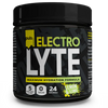 Musta muovinen Electrolyte-jauhepurkki mattapinnalla ja lieriömäisellä muodolla. Etiketissä on valkoista ja keltaista pääteviivatonta tekstiä: ELECTROLYTE Maximum Hydration Formula, sitruuna-lime-makuinen. Etiketti kertoo tuotteessa olevan 5 elektrolyyttiä maksimaalista nesteytystä varten, 0 sokeria ja 24 annosta. Tausta on yksivärinen; ihmisiä tai käsiä ei näy.
