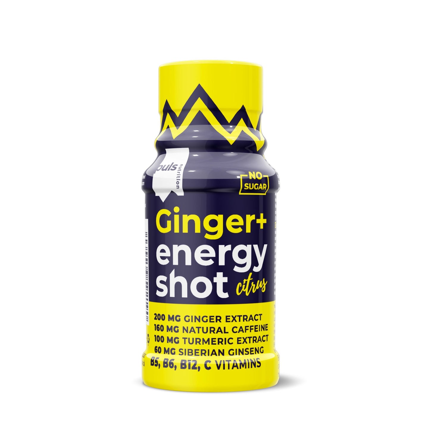 Puls Ginger + Energy Shot Sitrus; pullo tekstillä "Ginger+ energy shot citrus", sisältää 200 mg inkiväärinuutetta, luonnollista kofeiinia, kurkumaa, siperianginsengiä sekä B6-, B12- ja C-vitamiineja; keltainen ja musta pullo korostaa sokerittomuutta; muovipullo sylinterinmuotoinen kiiltäväpintaisena; lihavoitu valkoinen groteskiteksti keltaisella pohjalla, "No Sugar" mustana korostettuna; pystyssä valkoisella alustalla, ei ihmisiä kuvassa.