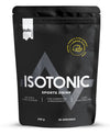 A black 500g pouch with a matte finish, rectangular in shape, labeled Isotonic Sports Drink, Lemon Flavor. The front label includes simple icons for hydration, electrolytes, endurance, and indicates 38 servings. Typography is bold and sans-serif. The packaging is photographed against a plain background with no people or additional props visible.